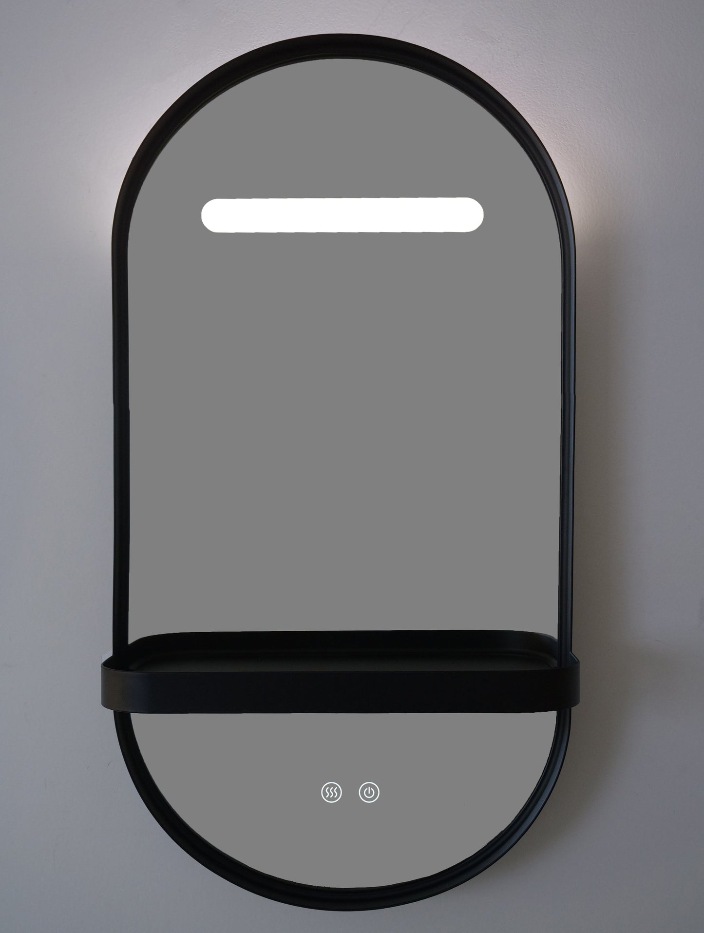 LED-Badezimmerspiegel H-3086 mit schwarzem Aluminiumrahmen und Regal – Anti-Beschlag & 3 Lichtfarben