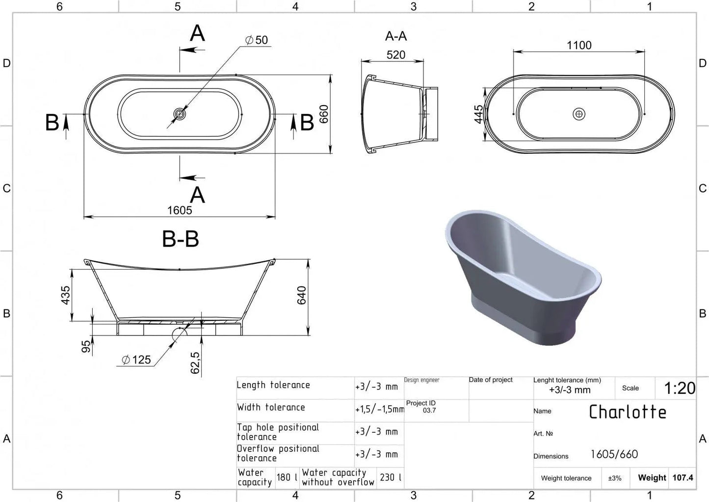 Cadă din compozit albă mată Charlotte Miraggio