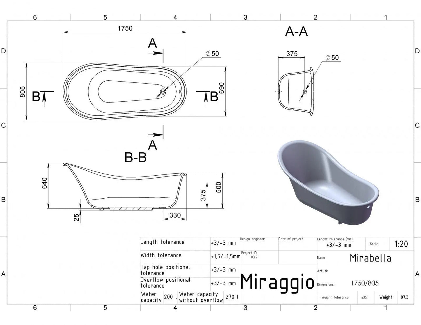 Cadă din compozit albă lucioasă Mirabella Miraggio