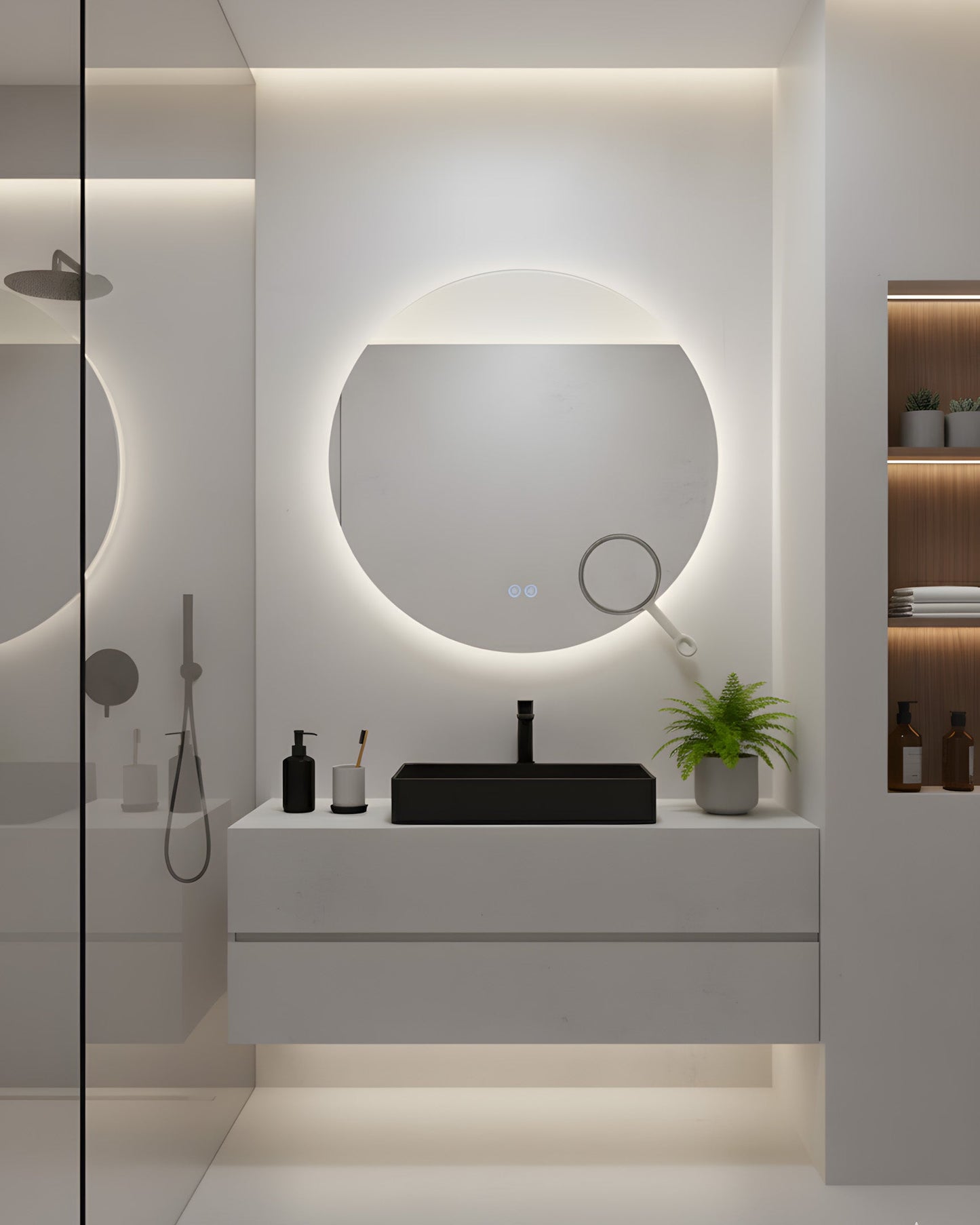 Runder LED-Badezimmerspiegel H-2003 mit COB-Beleuchtung, Anti-Beschlag, 3 Lichtfarben und Kosmetiklupe