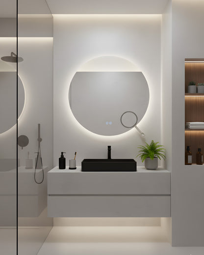 Runder LED-Badezimmerspiegel H-2003 mit COB-Beleuchtung, Anti-Beschlag, 3 Lichtfarben und Kosmetiklupe
