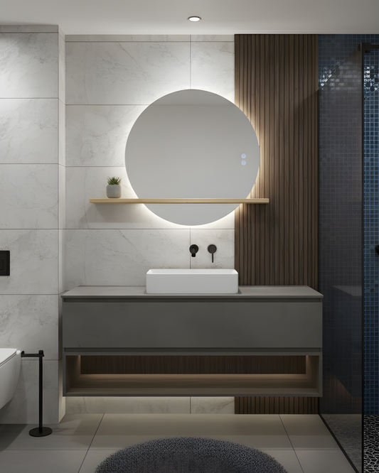 Runder LED-Badezimmerspiegel H-2004 mit Holzregal – 3 Lichtfarben, Anti-Beschlag, Touch-Contro