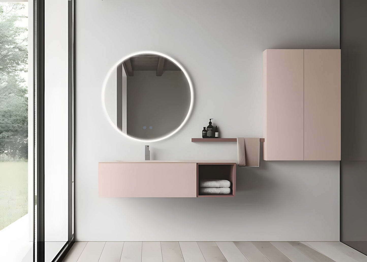 Runder LED Badezimmerspiegel H-2112 mit Acrylrahmen – Ø50 cm, 3 Lichtfarben, Anti-Beschlag, Touch