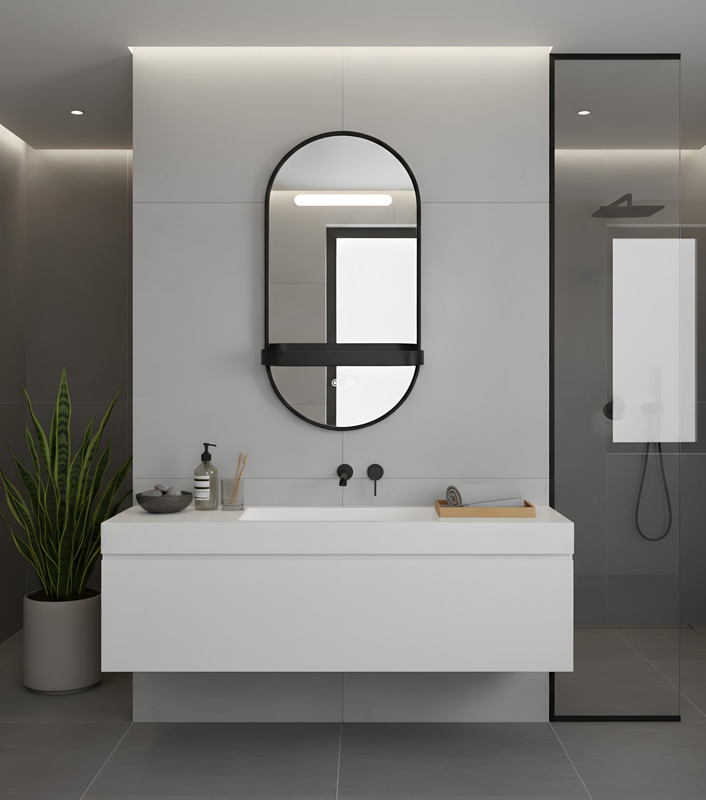 LED-Badezimmerspiegel H-3086 mit schwarzem Aluminiumrahmen und Regal – Anti-Beschlag & 3 Lichtfarben