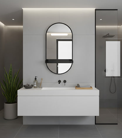 LED-Badezimmerspiegel H-3086 mit schwarzem Aluminiumrahmen und Regal – Anti-Beschlag & 3 Lichtfarben