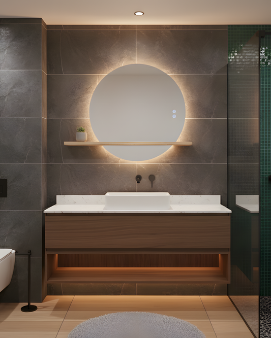 Runder LED-Badezimmerspiegel H-2004 mit Holzregal – 3 Lichtfarben, Anti-Beschlag, Touch-Contro