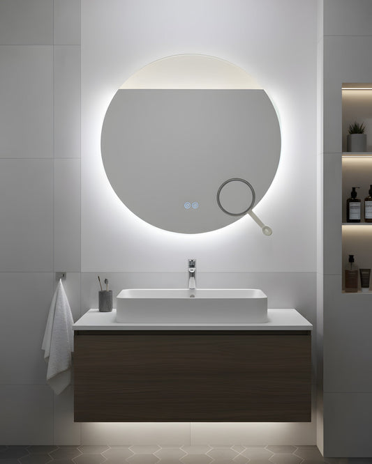 Runder LED-Badezimmerspiegel H-2003 mit COB-Beleuchtung, Anti-Beschlag, 3 Lichtfarben und Kosmetiklupe