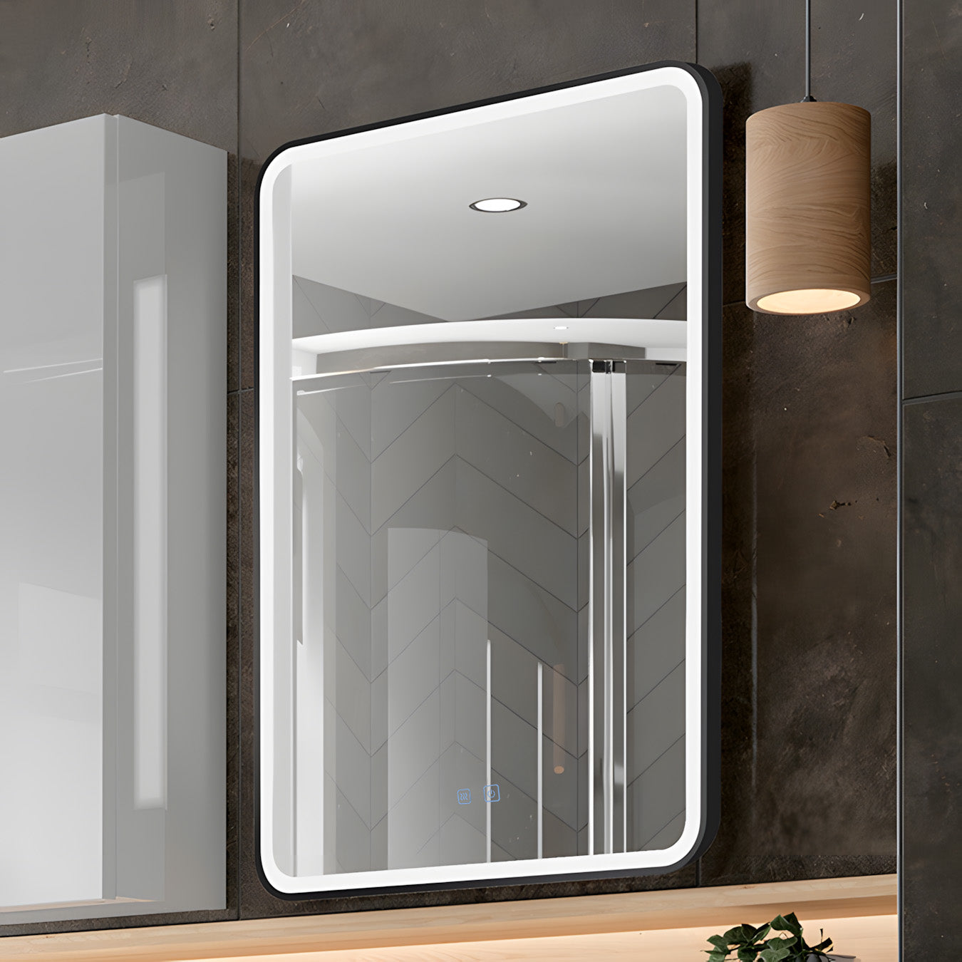 LED Badezimmerspiegel H-1110 mit schwarzem Aluminiumrahmen und Anti-Beschlag – 60x80 cm, Touch,