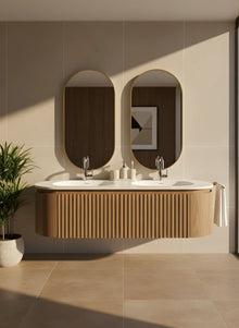 Doppeltes Badmöbel-Set aus Holz mit zwei Waschbecken & LED-Spiegeln