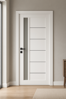 Ușă de interior albă JY-AS-016 cu toc reglabil și sticlă satinată – modernă, luminoasă, complet echipată www.olivy.ro