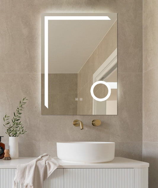 LED-Badspiegel H-1041B mit Kosmetiklupe, 3 Lichtfarben, Antibeschlag und Touch-Control