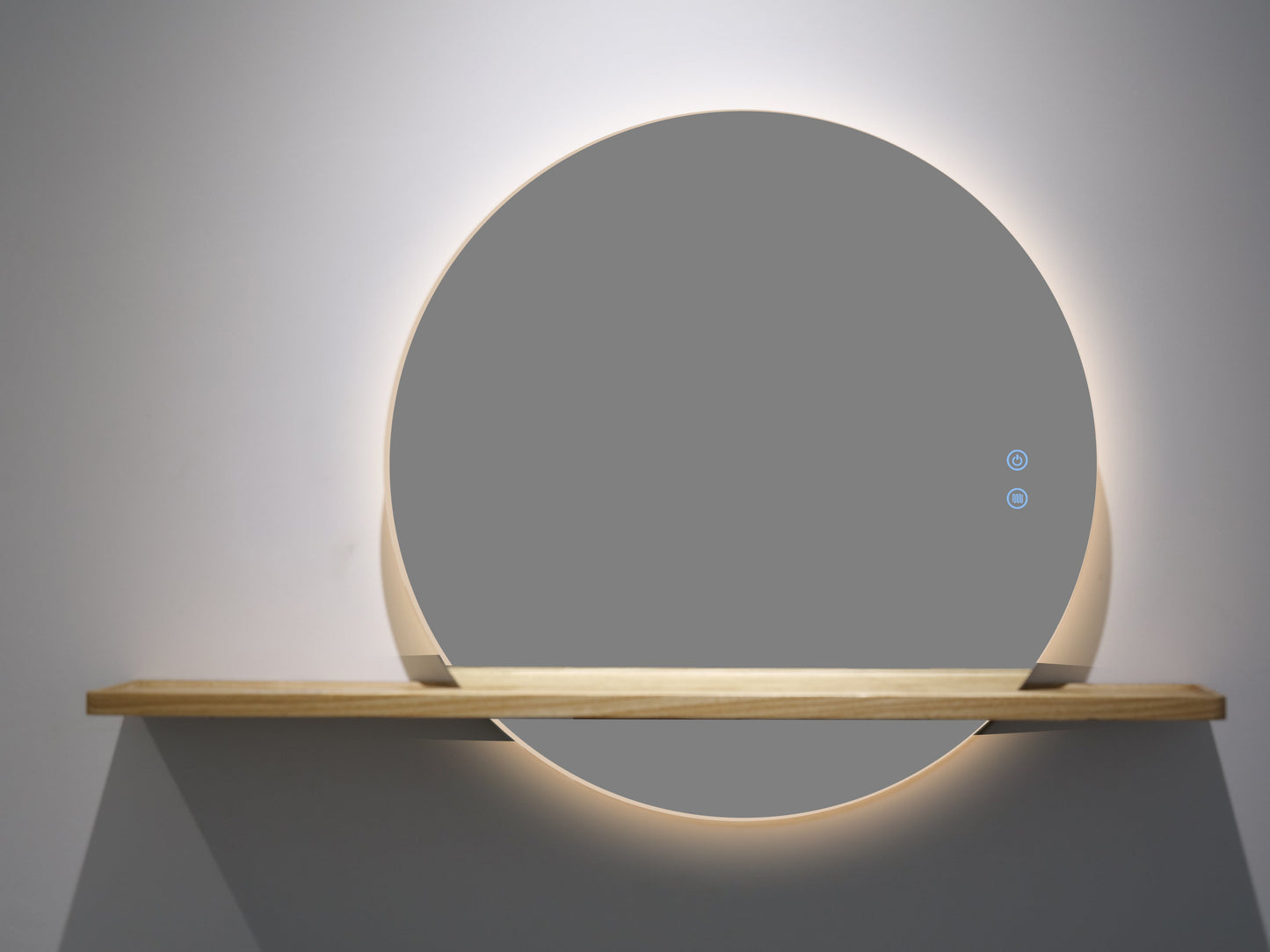 Runder LED-Badezimmerspiegel H-2004 mit Holzregal – 3 Lichtfarben, Anti-Beschlag, Touch-Contro