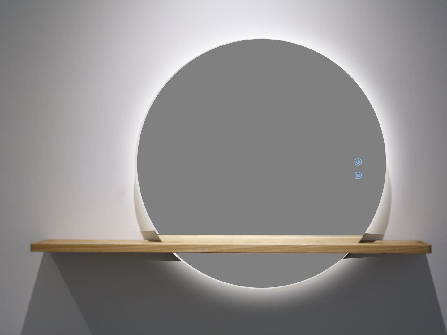 Runder LED-Badezimmerspiegel H-2004 mit Holzregal – 3 Lichtfarben, Anti-Beschlag, Touch-Contro