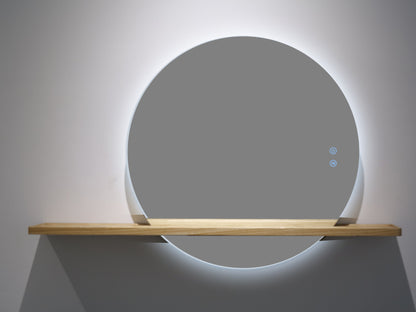 Runder LED-Badezimmerspiegel H-2004 mit Holzregal – 3 Lichtfarben, Anti-Beschlag, Touch-Contro