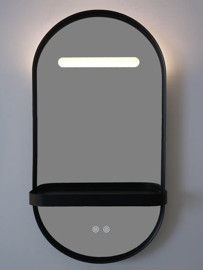 LED-Badezimmerspiegel H-3086 mit schwarzem Aluminiumrahmen und Regal – Anti-Beschlag & 3 Lichtfarben